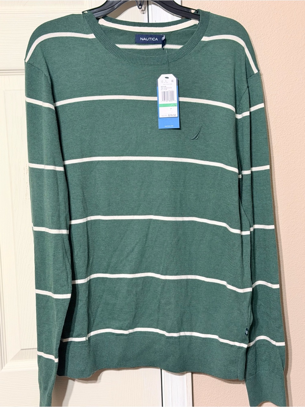 Nautica Green and White Horizontal Stripe Crewneck Sweater